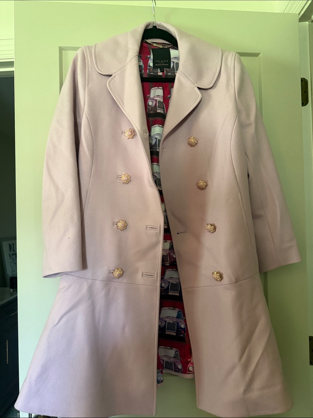 Ted Baker London Light Pink Double-Breasted Wool Peacoat with Gold Buttons